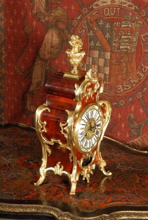 fig 1. ***** SOLD ***** Antique French Red Tortoiseshell Veneer and Ormolu Table Clock by Vincenti